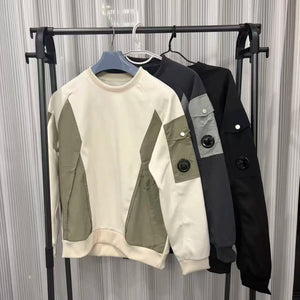 Round neck long sleeved top, thin slim fit hoodie, 2026 new spring men's top, spliced multi pocket hoodie,casual hoodie, pocket